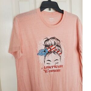 Patriotic Graphic Tee Peach American Woman Messy Bun Casual Festive Medium